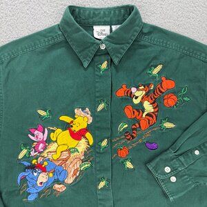 Winnie The Pooh Shirt Mens Medium M Green Embroidered Thick Button Up Disney VTG